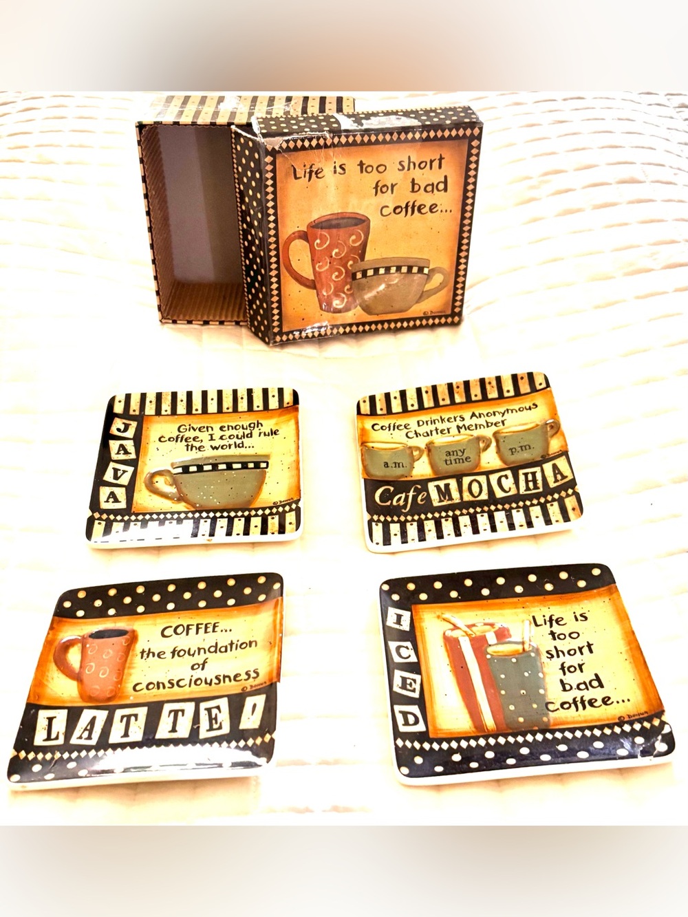 Vintage Donna Atkins Coffee Wall Plaques Set of 4 Ceramic Kit Decor Hangings